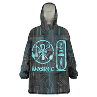 Wosret Winged Crown Wearable Blanket Hoodie Egyptian Cyber Circuit Design in Futuristic Blue Theme