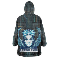 Wosret Winged Crown Wearable Blanket Hoodie Egyptian Cyber Circuit Design in Futuristic Blue Theme