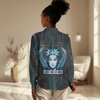 Wosret Winged Crown Women Casual Shirt Egyptian Cyber Circuit Design in Futuristic Blue Theme