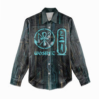 Wosret Winged Crown Women Casual Shirt Egyptian Cyber Circuit Design in Futuristic Blue Theme