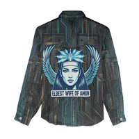 Wosret Winged Crown Women Casual Shirt Egyptian Cyber Circuit Design in Futuristic Blue Theme