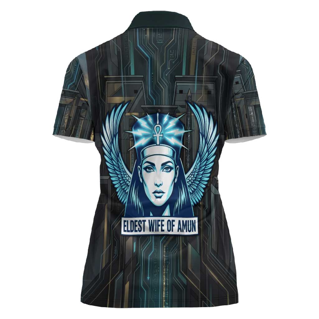 Wosret Winged Crown Women Polo Shirt Egyptian Cyber Circuit Design in Futuristic Blue Theme
