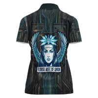 Wosret Winged Crown Women Polo Shirt Egyptian Cyber Circuit Design in Futuristic Blue Theme