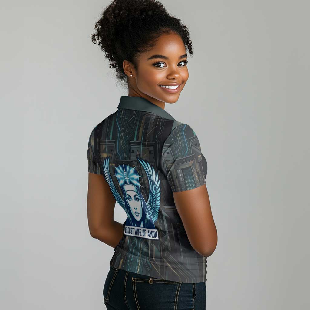 Wosret Winged Crown Women Polo Shirt Egyptian Cyber Circuit Design in Futuristic Blue Theme