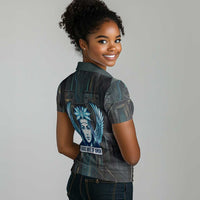 Wosret Winged Crown Women Polo Shirt Egyptian Cyber Circuit Design in Futuristic Blue Theme