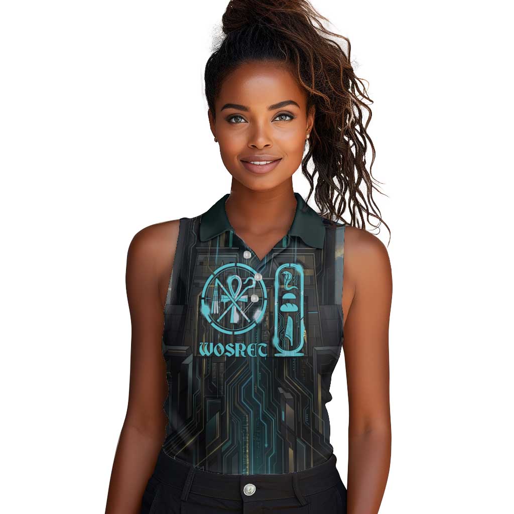 Wosret Winged Crown Women Sleeveless Polo Shirt Egyptian Cyber Circuit Design in Futuristic Blue Theme