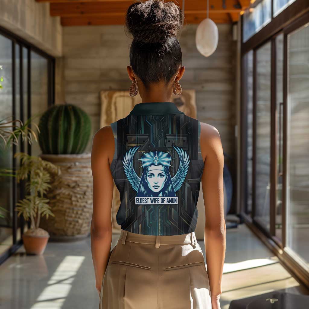 Wosret Winged Crown Women Sleeveless Polo Shirt Egyptian Cyber Circuit Design in Futuristic Blue Theme