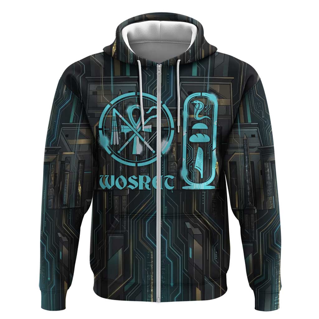 Wosret Winged Crown Zip Hoodie Egyptian Cyber Circuit Design in Futuristic Blue Theme