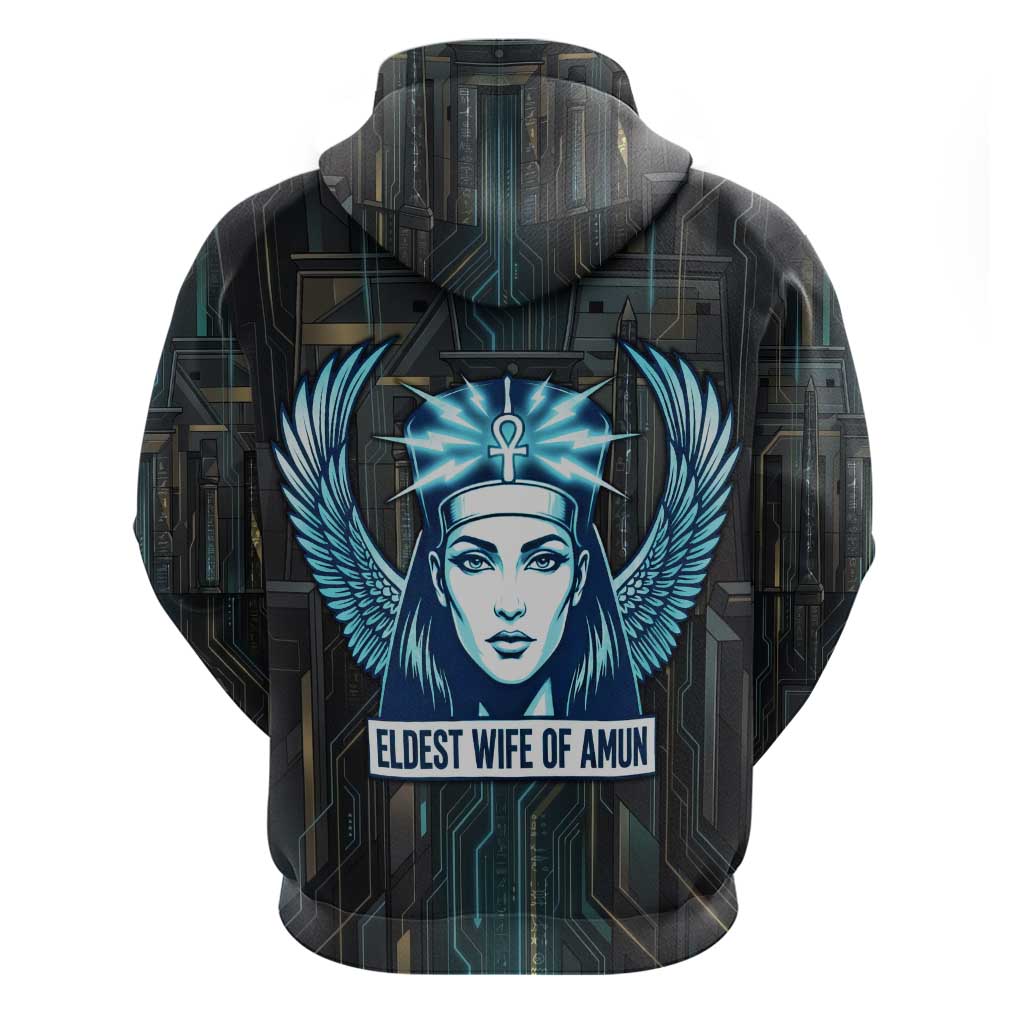Wosret Winged Crown Zip Hoodie Egyptian Cyber Circuit Design in Futuristic Blue Theme