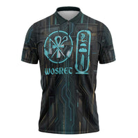 Wosret Winged Crown Zipper Polo Shirt Egyptian Cyber Circuit Design in Futuristic Blue Theme