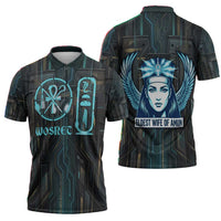 Wosret Winged Crown Zipper Polo Shirt Egyptian Cyber Circuit Design in Futuristic Blue Theme