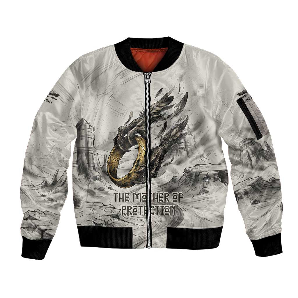 Nekhbet Egyptian Sleeve Zip Bomber Jacket Vulture Goddess Mother of Protection Wings Claws Desert