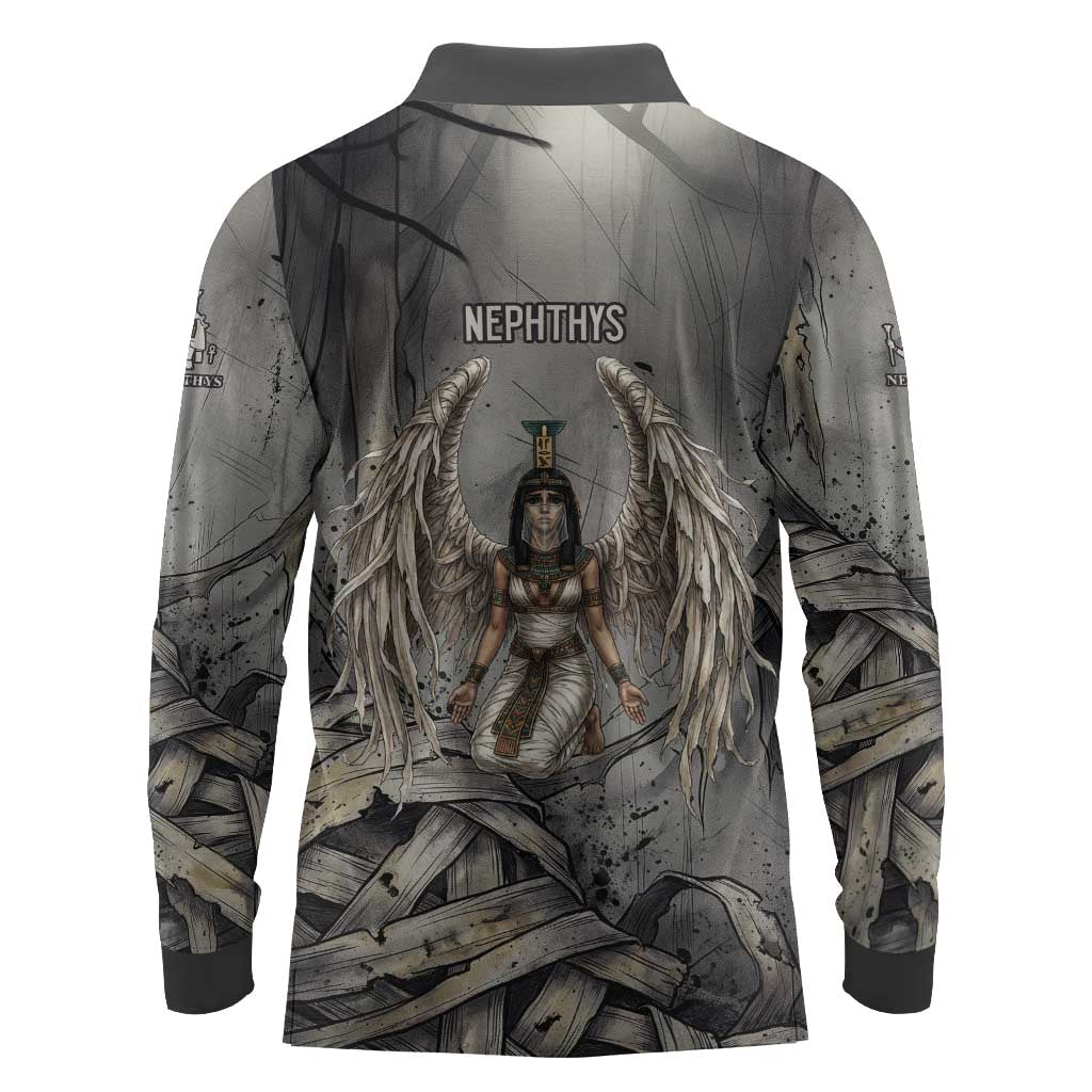 Nephthys Long Sleeve Polo Shirt Mistress of the House Egyptian Goddess Wings