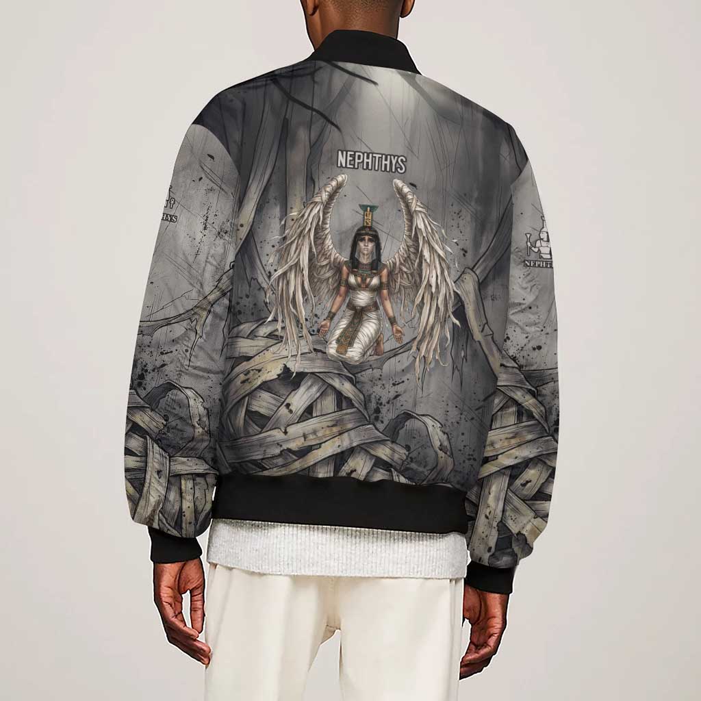 Nephthys Sleeve Zip Bomber Jacket Mistress of the House Egyptian Goddess Wings