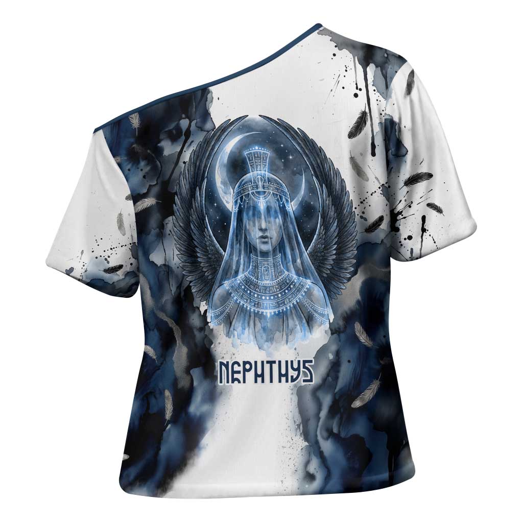 Nephthys Egyptian Cross Shoulder Shirt The Dark Sister Falcon Wings Moon Veil