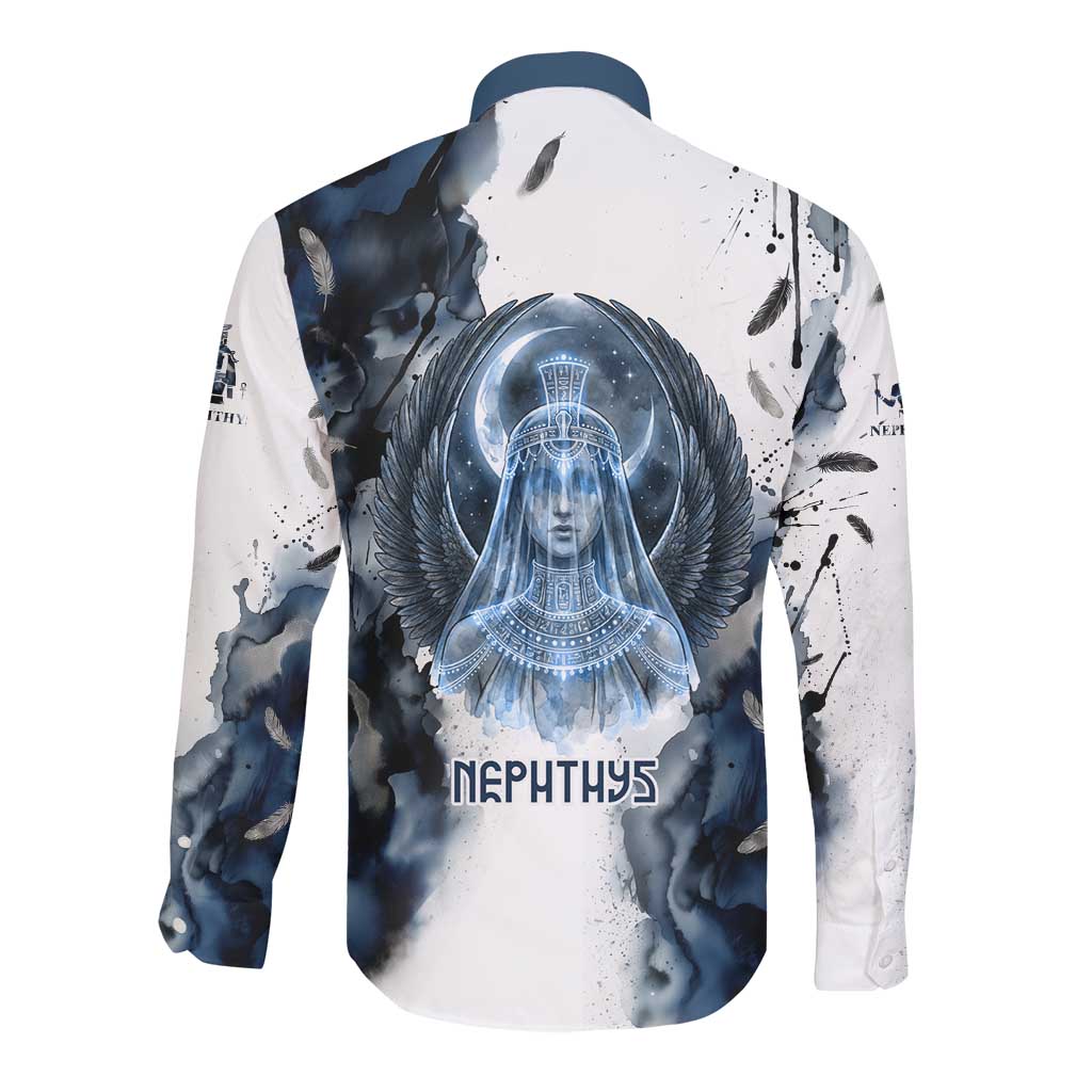 Nephthys Egyptian Long Sleeve Button Shirt The Dark Sister Falcon Wings Moon Veil