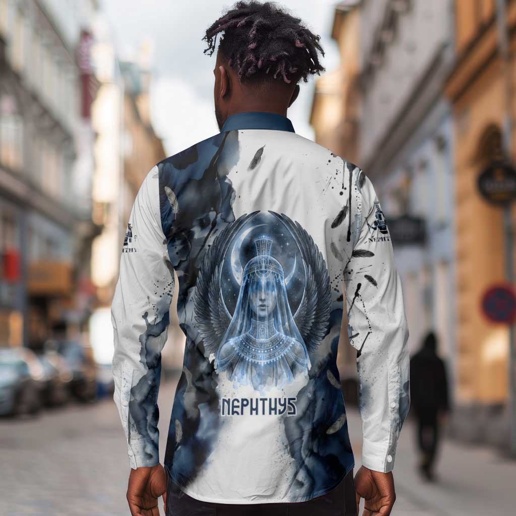 Nephthys Egyptian Long Sleeve Button Shirt The Dark Sister Falcon Wings Moon Veil