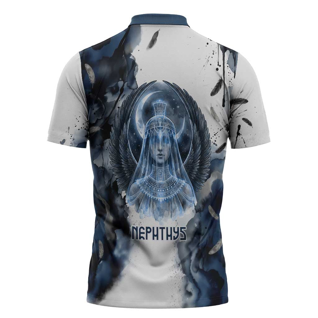 Nephthys Egyptian Zipper Polo Shirt The Dark Sister Falcon Wings Moon Veil