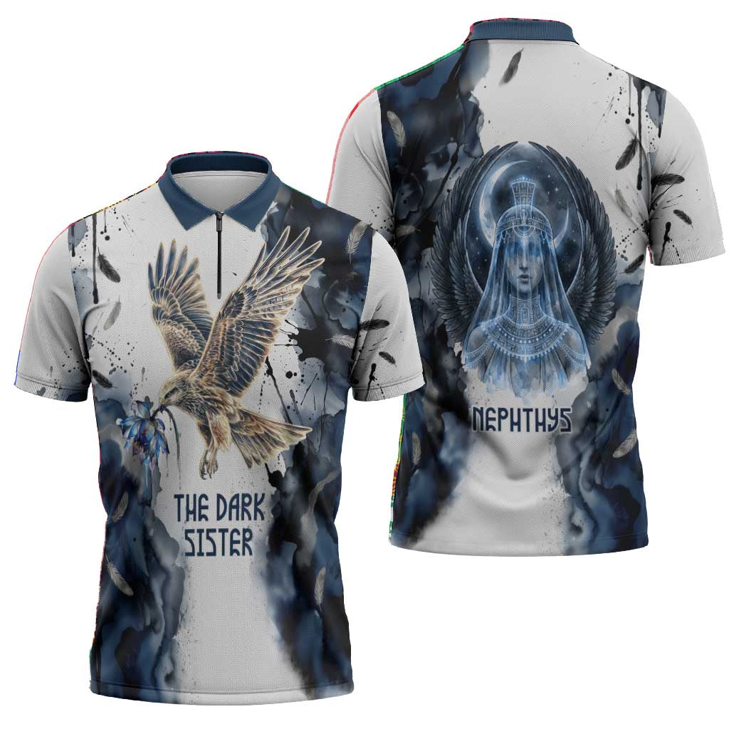 Nephthys Egyptian Zipper Polo Shirt The Dark Sister Falcon Wings Moon Veil