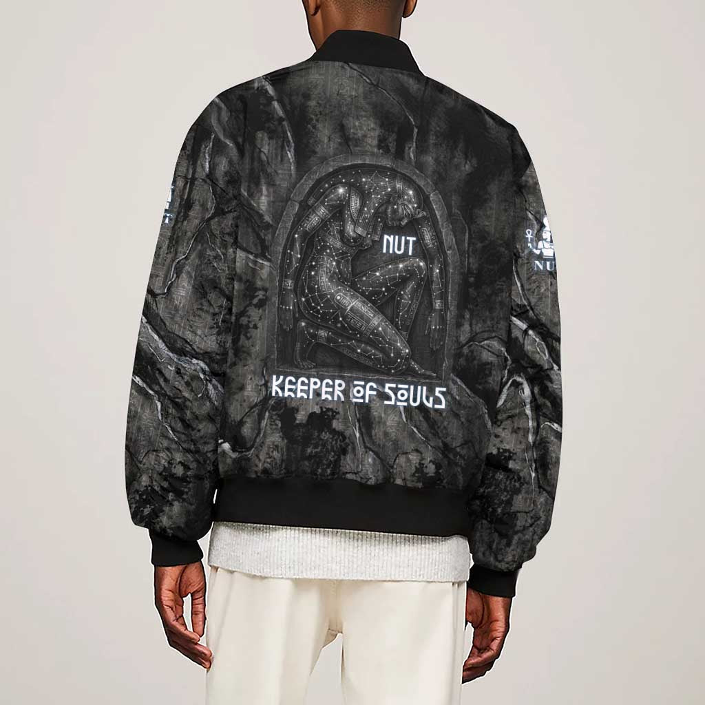Nut Sleeve Zip Bomber Jacket Egyptian Keeper of Souls Celestial Stairway Ascension Path Cosmic Goddess of the Night Sky