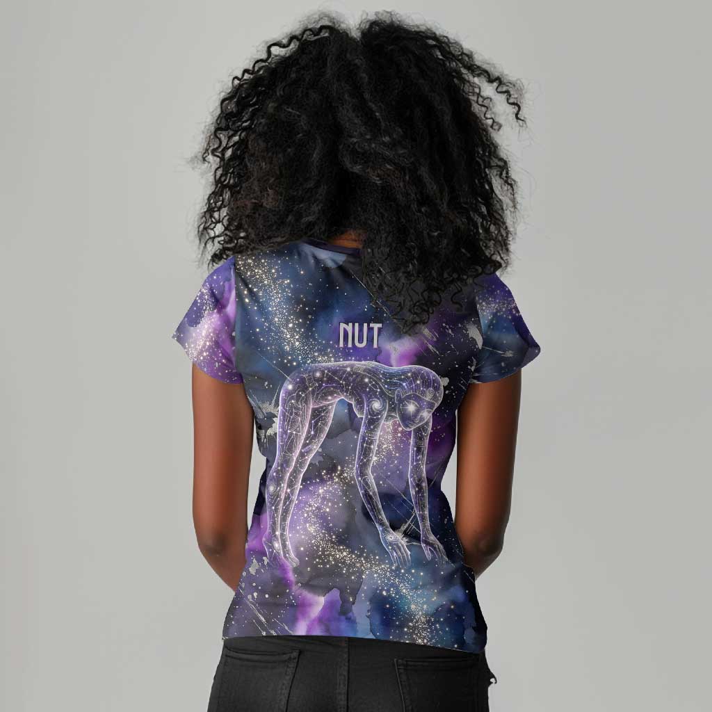 Nut Egyptian Women V-Neck T-Shirt She Who Bore the Gods Galactic Vessel Cosmic Goddess Star Map