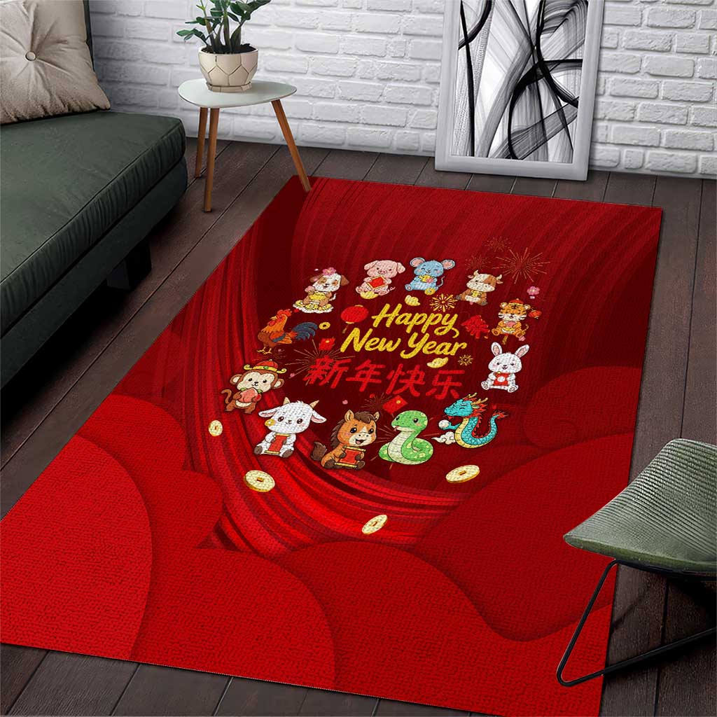 Chinese Zodiac Happy New Year Area Rug Festive Cartoon Illustration Style