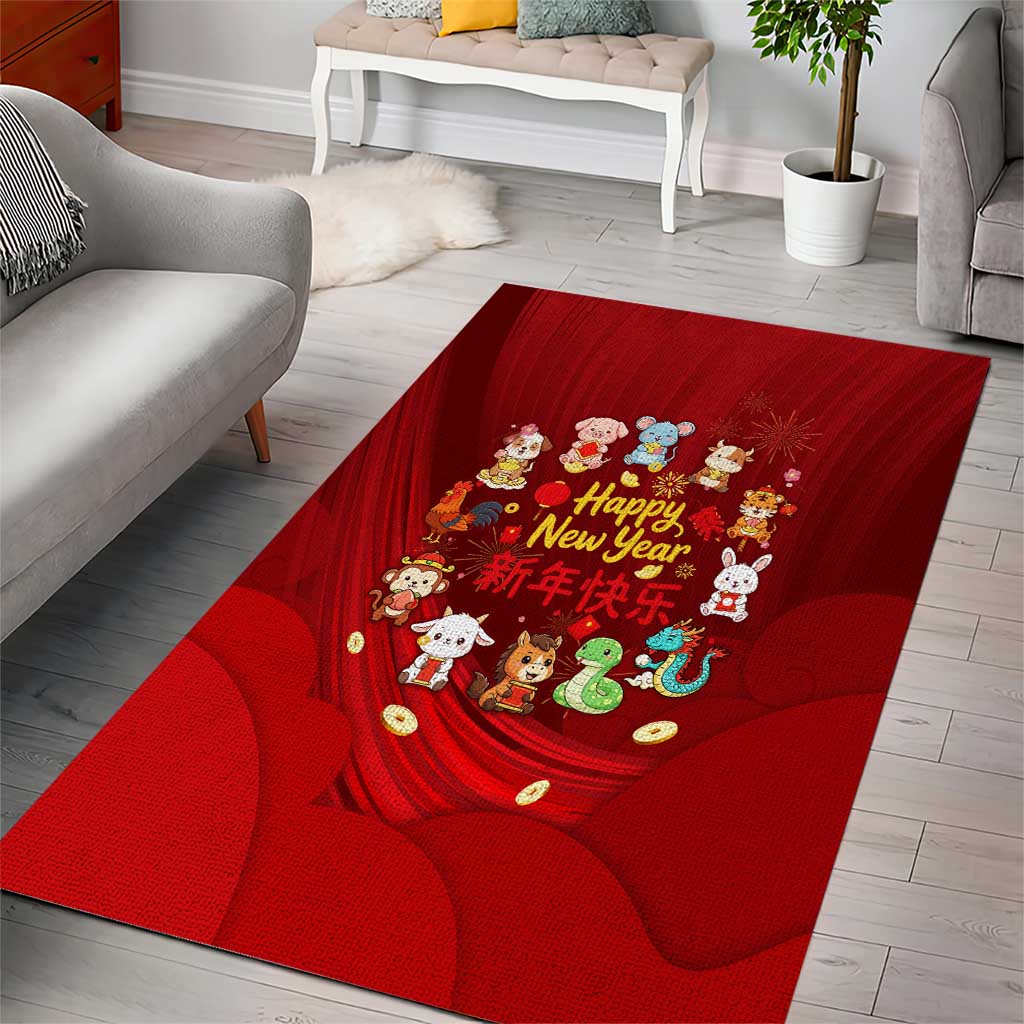 Chinese Zodiac Happy New Year Area Rug Festive Cartoon Illustration Style