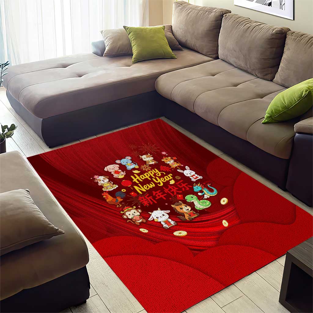 Chinese Zodiac Happy New Year Area Rug Festive Cartoon Illustration Style