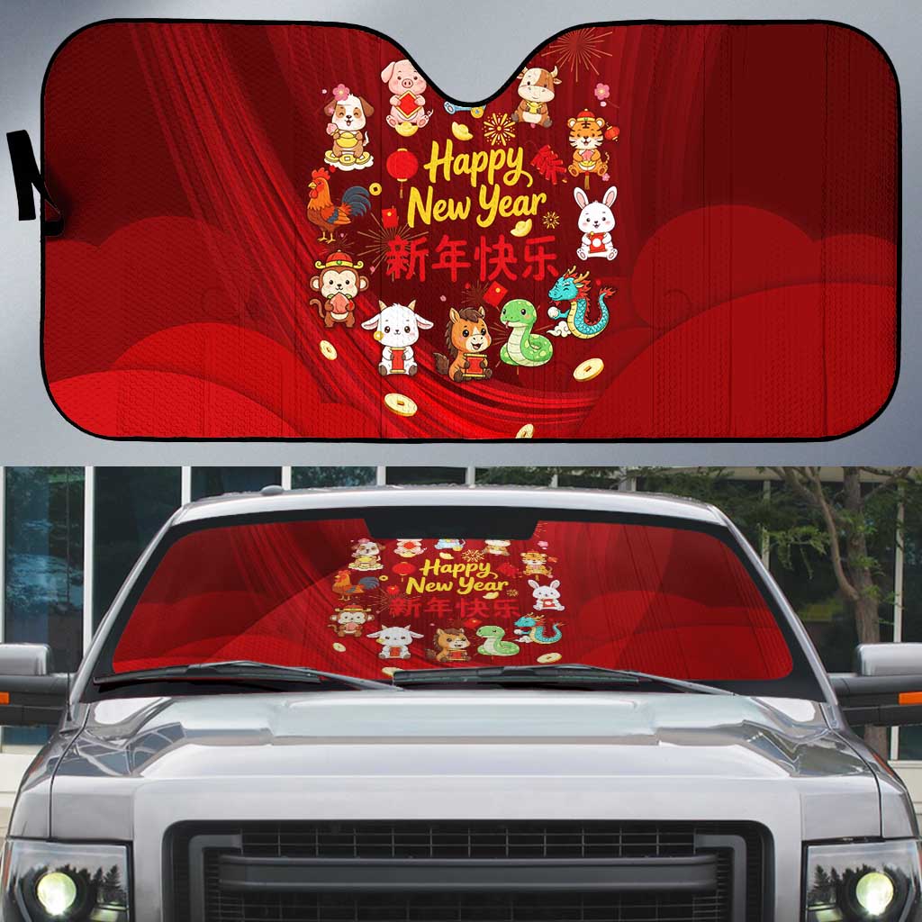 Chinese Zodiac Happy New Year Auto Sun Shade Festive Cartoon Illustration Style