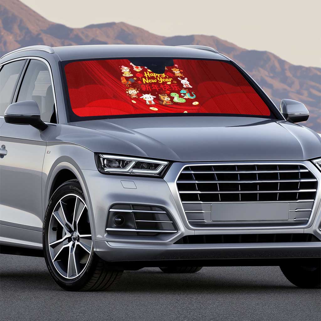 Chinese Zodiac Happy New Year Auto Sun Shade Festive Cartoon Illustration Style