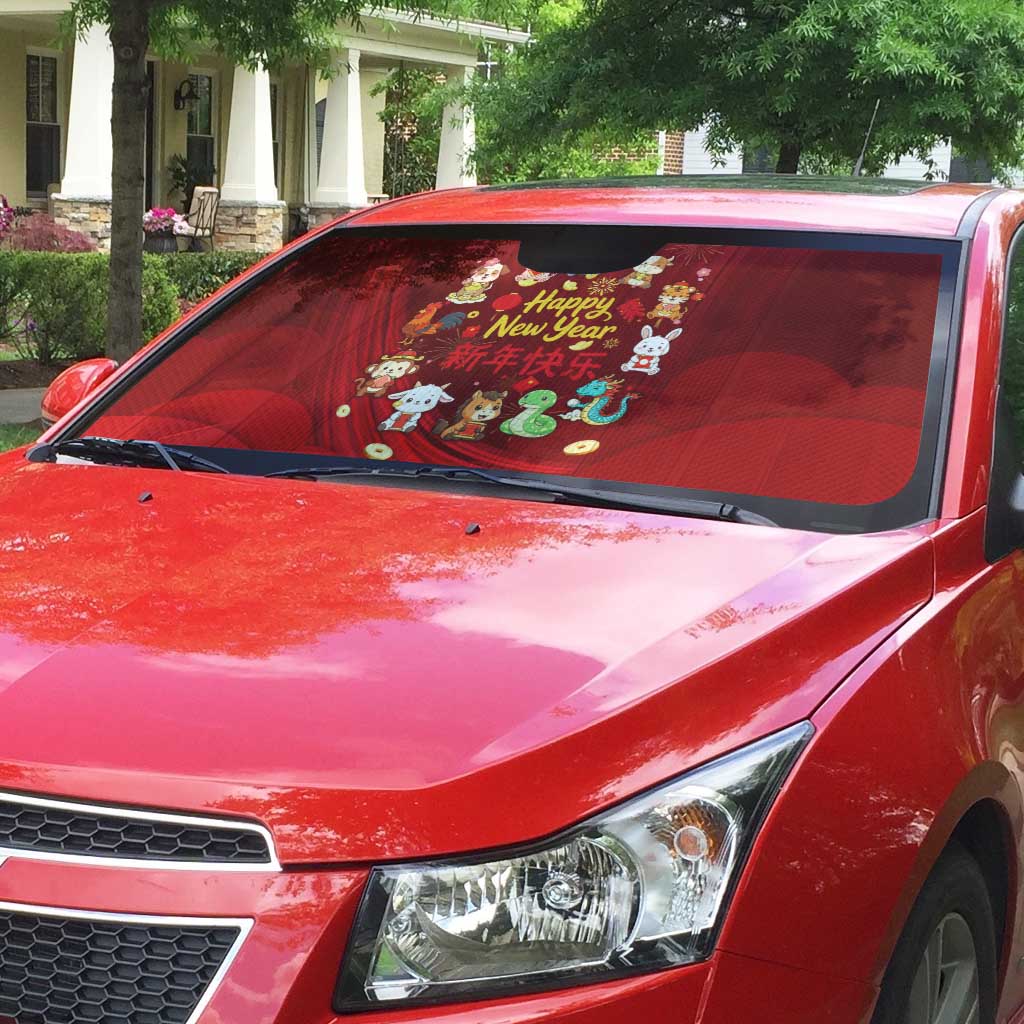 Chinese Zodiac Happy New Year Auto Sun Shade Festive Cartoon Illustration Style