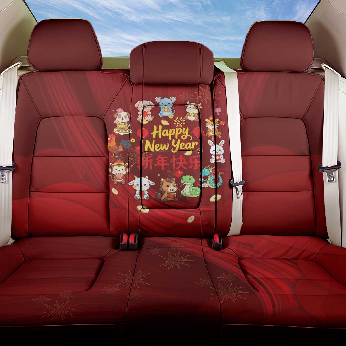 Chinese Zodiac Happy New Year Back Car Seat Cover Festive Cartoon Illustration Style