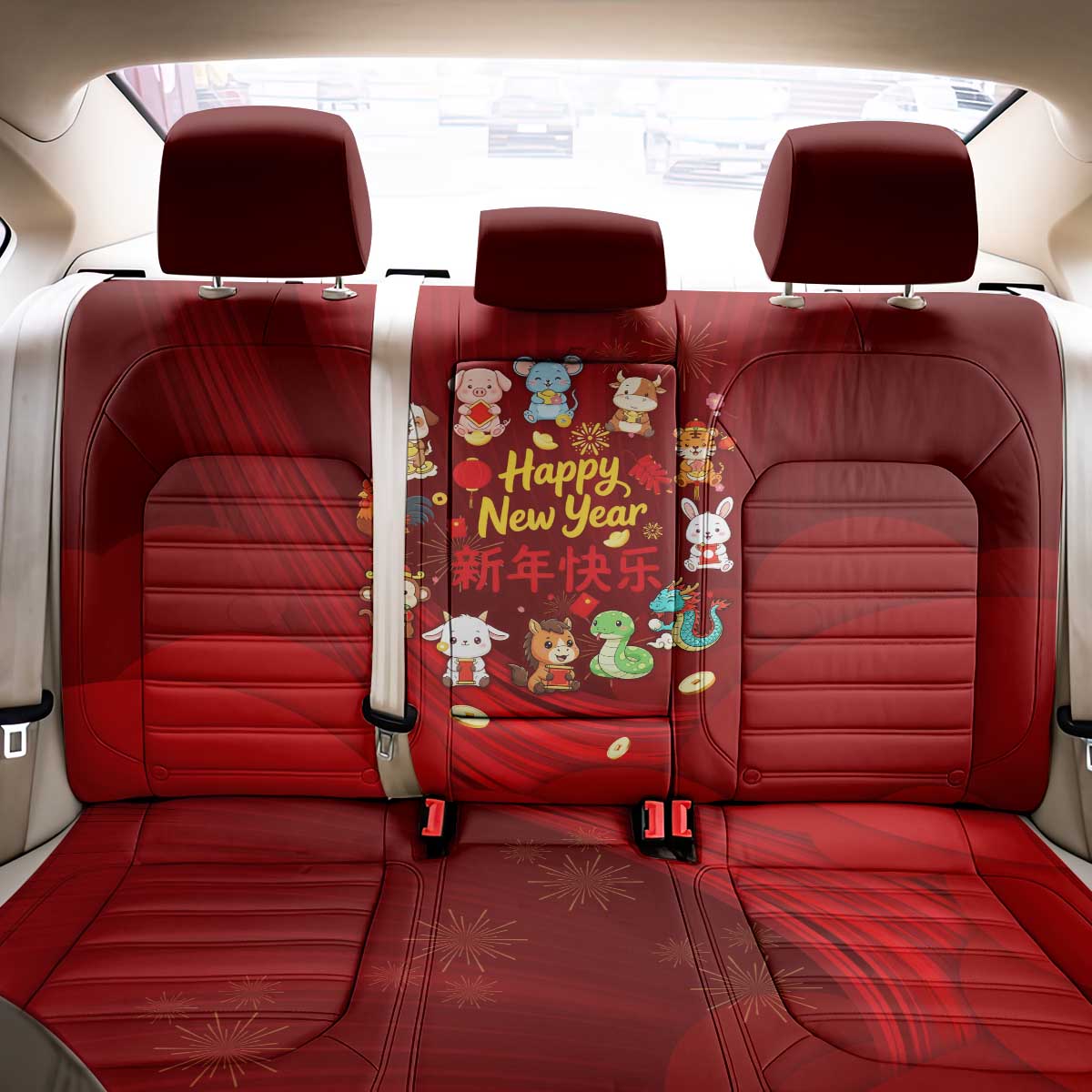 Chinese Zodiac Happy New Year Back Car Seat Cover Festive Cartoon Illustration Style