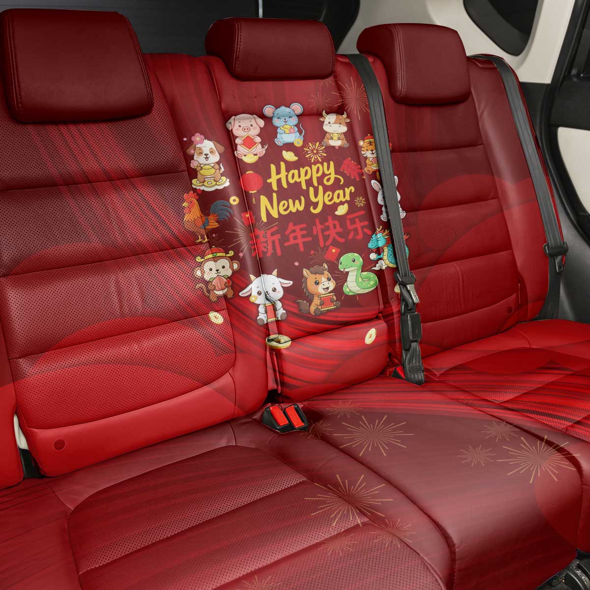 Chinese Zodiac Happy New Year Back Car Seat Cover Festive Cartoon Illustration Style