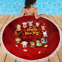 Chinese Zodiac Happy New Year Beach Blanket Festive Cartoon Illustration Style