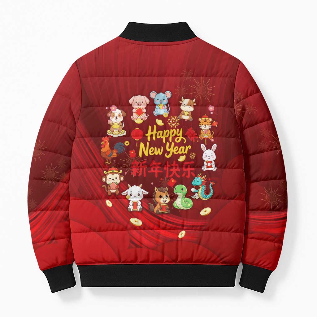 Chinese Zodiac Happy New Year Bomber Puffer Jacket Festive Cartoon Illustration Style