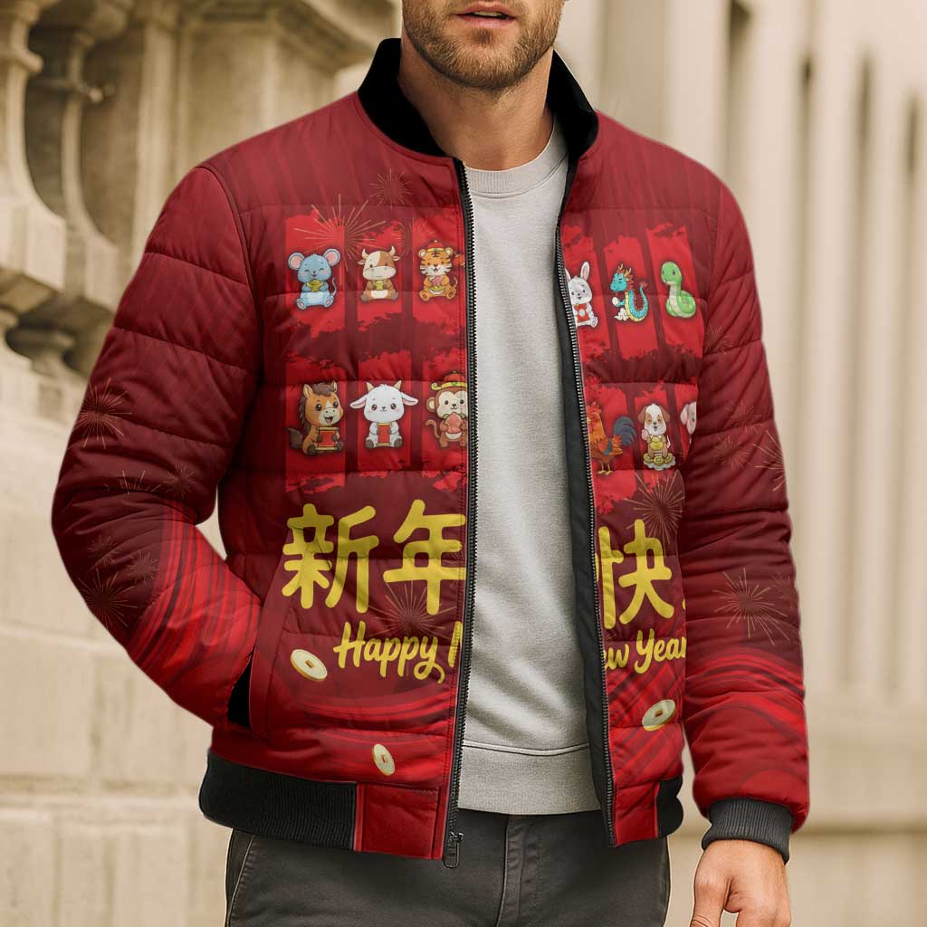 Chinese Zodiac Happy New Year Bomber Puffer Jacket Festive Cartoon Illustration Style