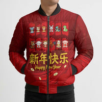 Chinese Zodiac Happy New Year Bomber Puffer Jacket Festive Cartoon Illustration Style