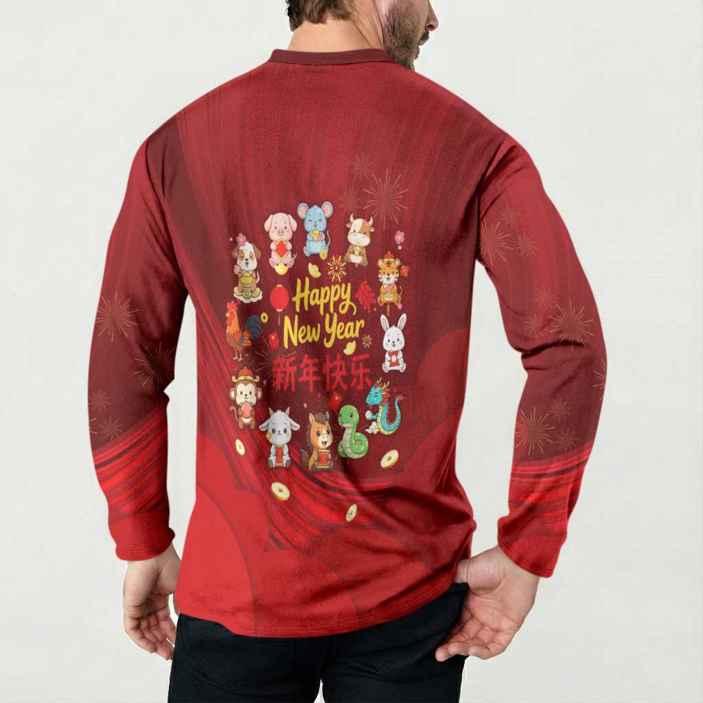 Chinese Zodiac Happy New Year Button Sweatshirt Festive Cartoon Illustration Style