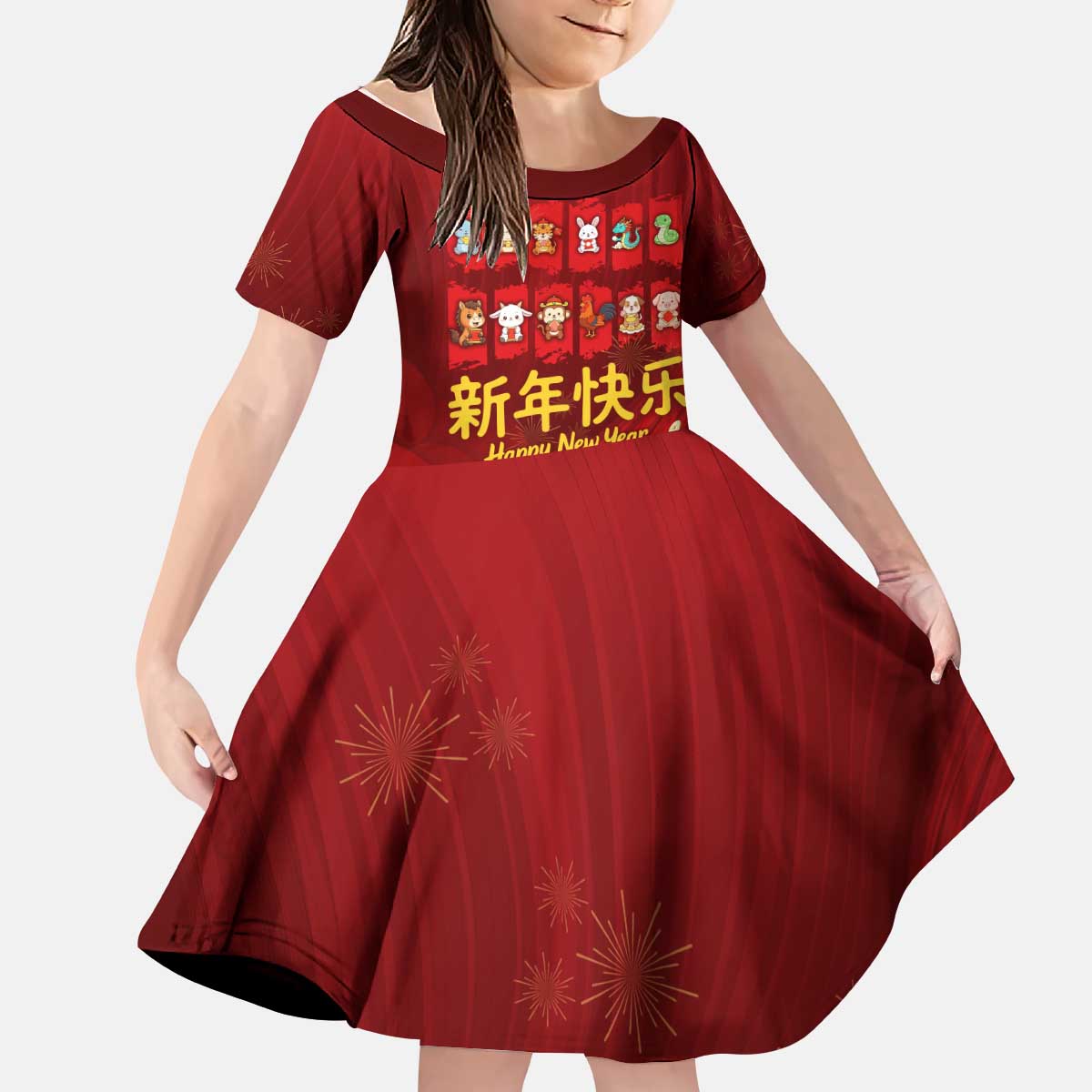 Chinese Zodiac Happy New Year Kid Short Sleeve Dress Festive Cartoon Illustration Style