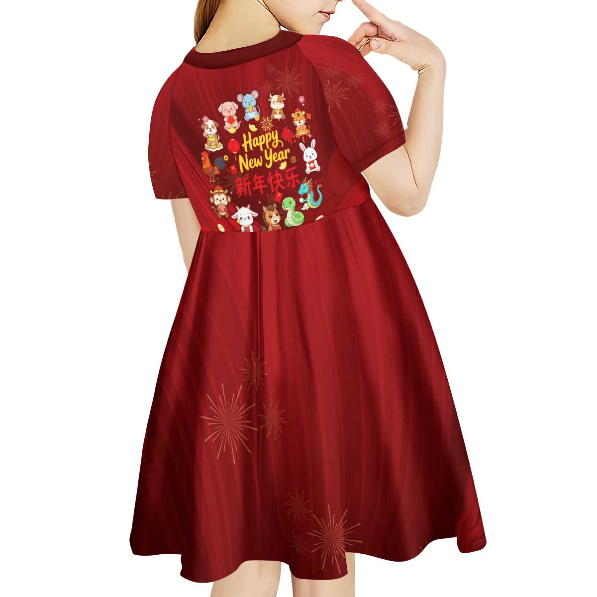 Chinese Zodiac Happy New Year Kid Short Sleeve Dress Festive Cartoon Illustration Style
