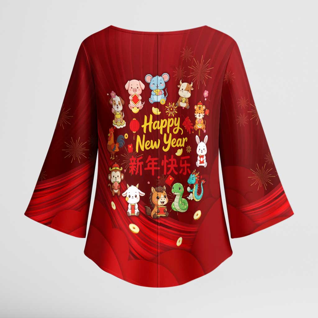 Chinese Zodiac Happy New Year Kimono Sleeve Blouse Festive Cartoon Illustration Style