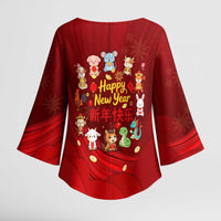 Chinese Zodiac Happy New Year Kimono Sleeve Blouse Festive Cartoon Illustration Style