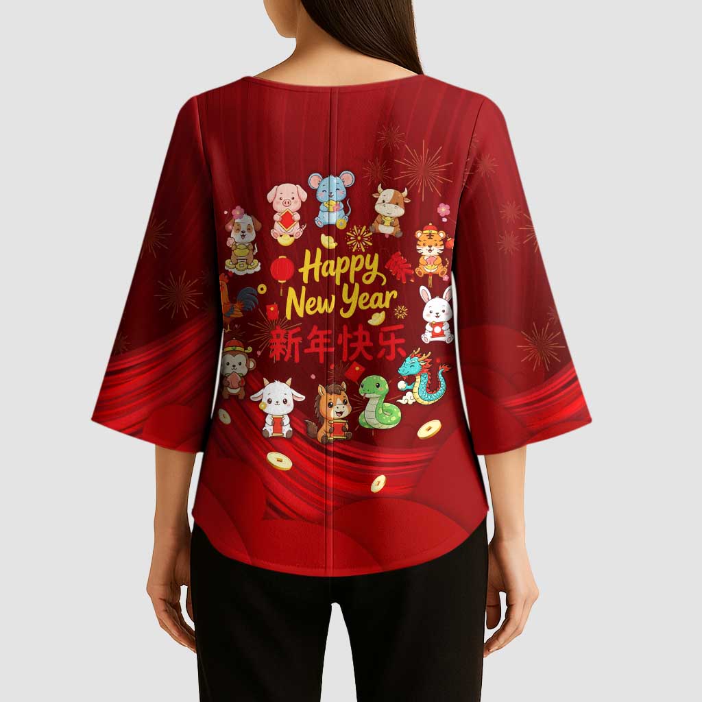 Chinese Zodiac Happy New Year Kimono Sleeve Blouse Festive Cartoon Illustration Style