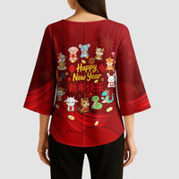 Chinese Zodiac Happy New Year Kimono Sleeve Blouse Festive Cartoon Illustration Style