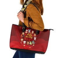 Chinese Zodiac Happy New Year Leather Tote Bag Festive Cartoon Illustration Style