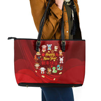 Chinese Zodiac Happy New Year Leather Tote Bag Festive Cartoon Illustration Style