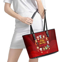 Chinese Zodiac Happy New Year Leather Tote Bag Festive Cartoon Illustration Style