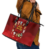 Chinese Zodiac Happy New Year Leather Tote Bag Festive Cartoon Illustration Style