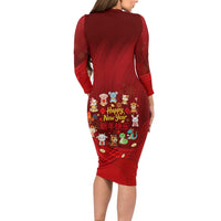 Chinese Zodiac Happy New Year Long Sleeve Bodycon Dress Festive Cartoon Illustration Style